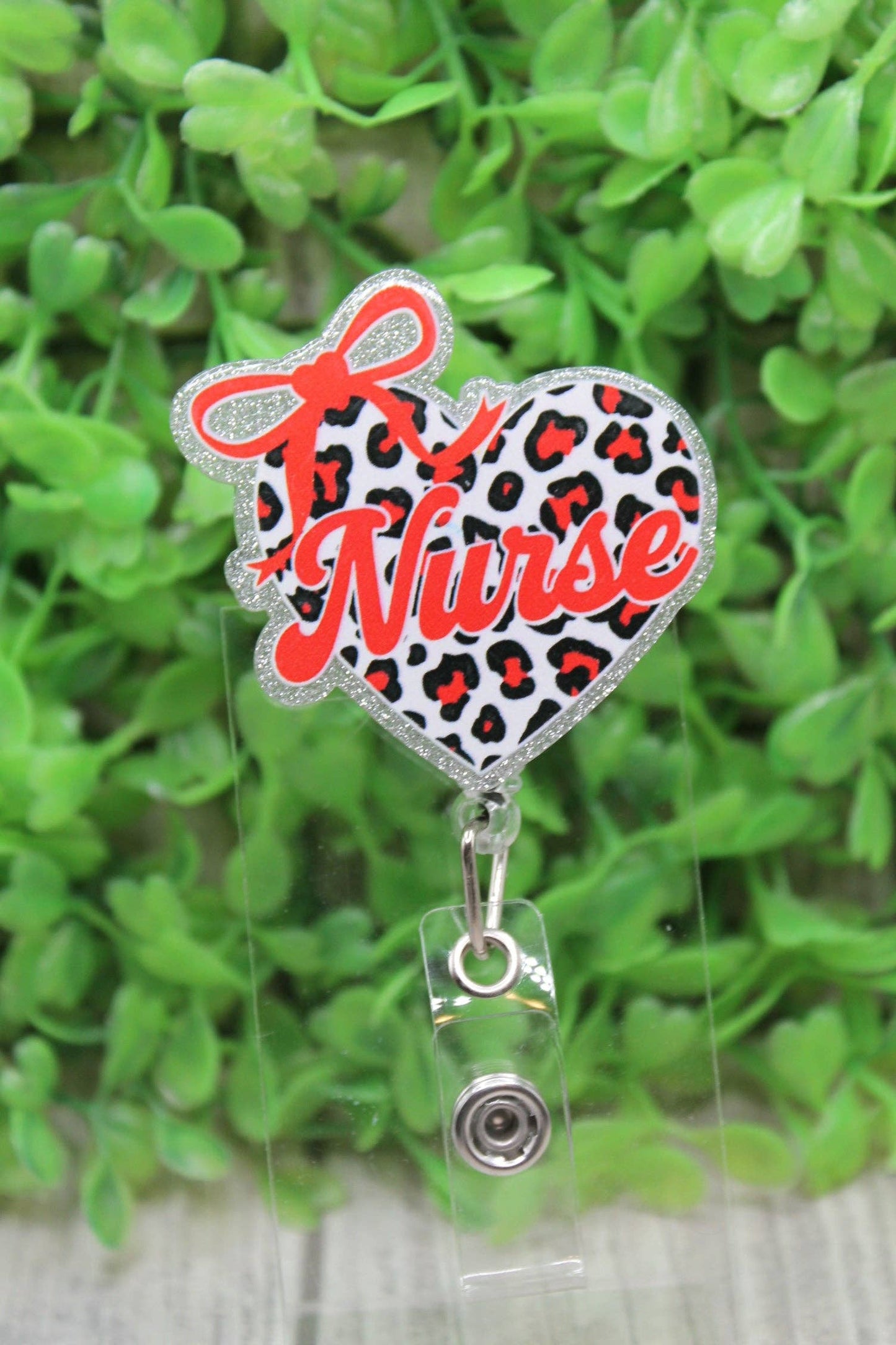 Nurse Leopard Heart with Bow Badge/ID Holder Reel