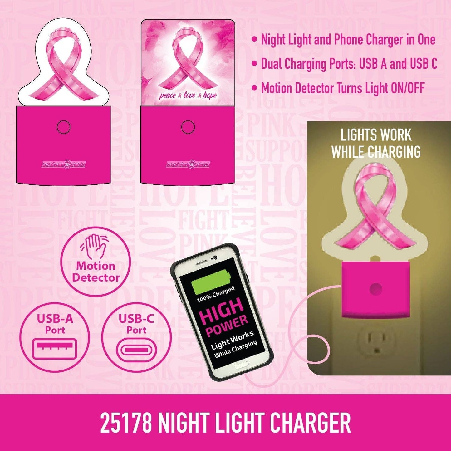 Dual Port USB-A / USB-C Night Light Charger PINK Assortment