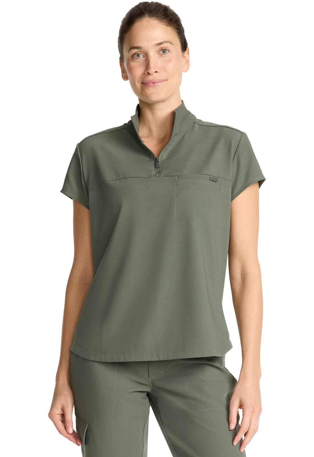 Women's Partial Zip Stand Collar Top in White Gardenia HH QUEST