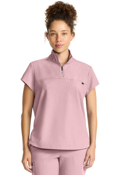 Women's Partial Zip Stand Collar Top in White Gardenia HH QUEST