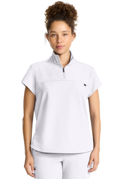 Women's Partial Zip Stand Collar Top in White Gardenia HH QUEST