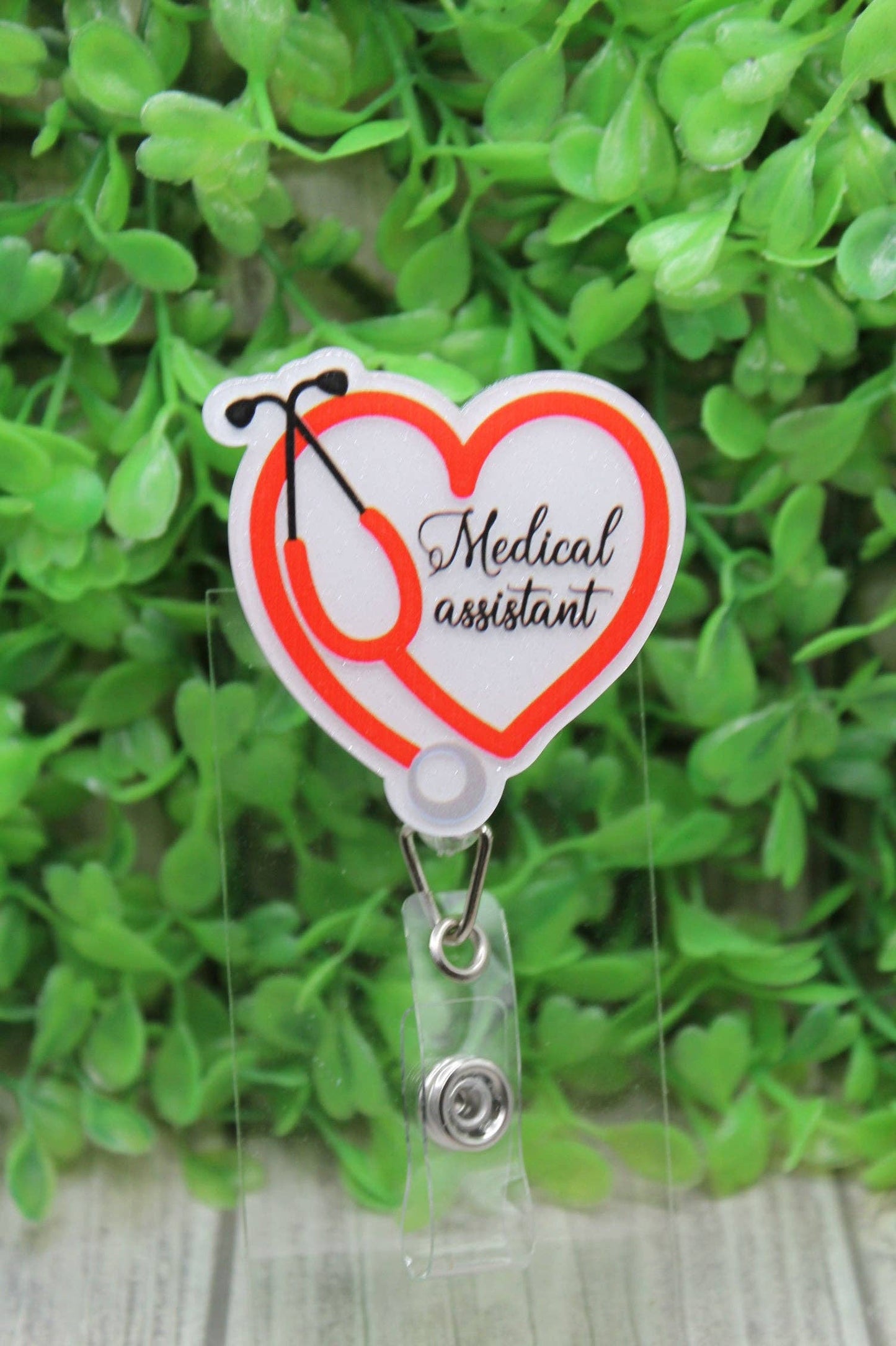 Medical Assistant Red Heart Stethoscope Badge/ID Holder Reel